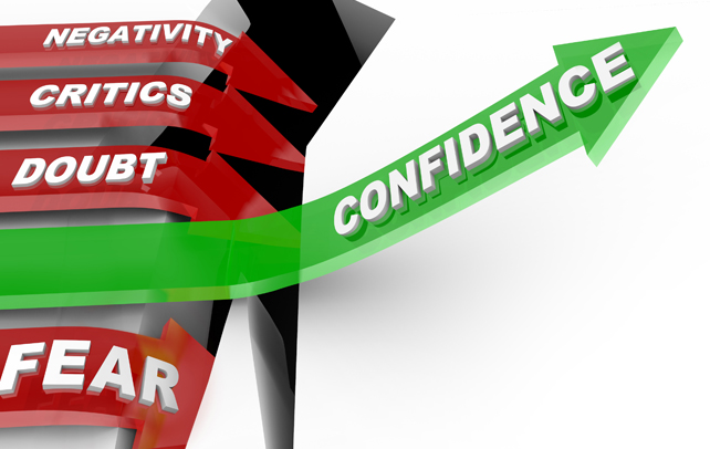 4 red arrows going downward (one says "negativity", one says "critics", one says "doubt", and one says "fear") and one green arrow going upward that says "confidence"