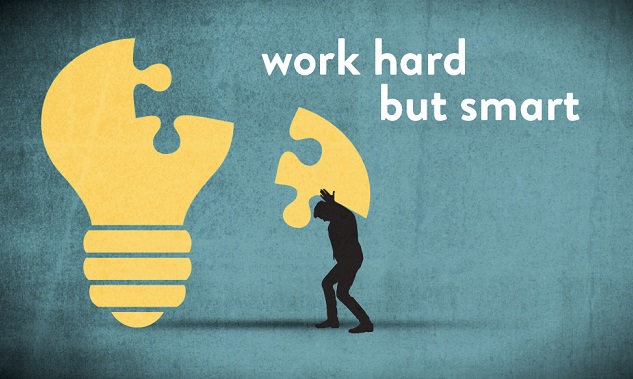 Cartoon of 3/4 of a light bulb with a person holding the last 1/4 piece and the words "work hard but smart" written in the background