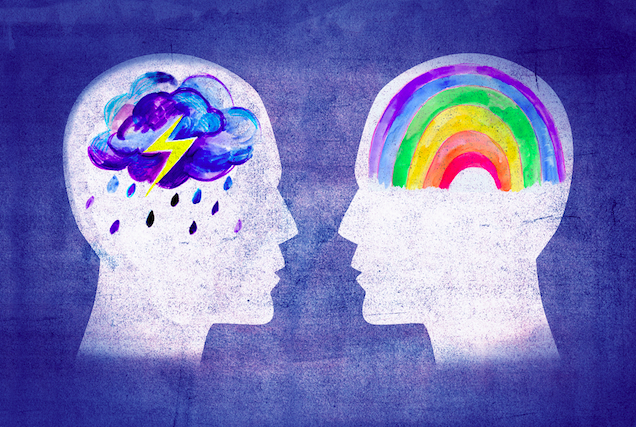 2 illustrated profiles of human head facing each other. 1 with a rainbow and one with a storm cloud