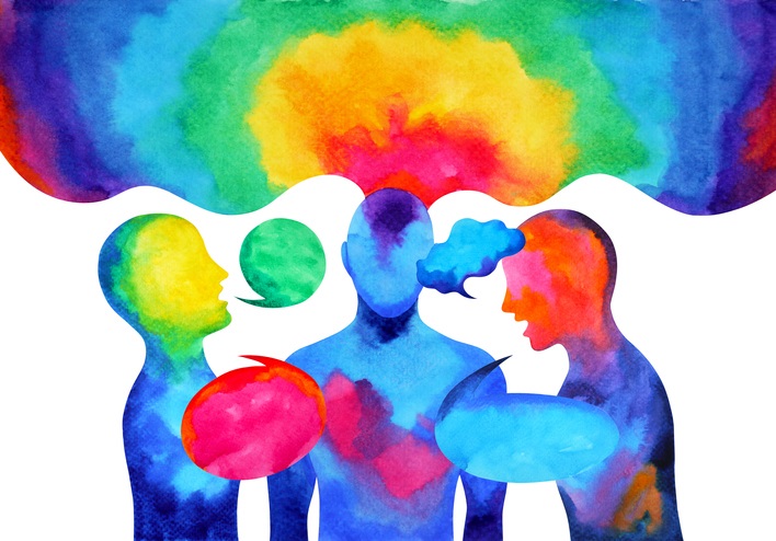 Three silhouettes of people with speech and thought bubbles coming from them, all in rainbow color