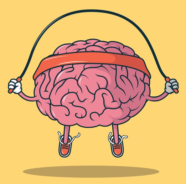 A cartoon brain wearing a sweatband and jumping rope