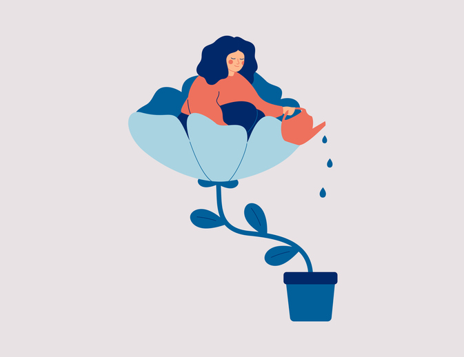 Drawing of a flower pot with a large flower growing out. A women is sitting in the flower and watering the pot