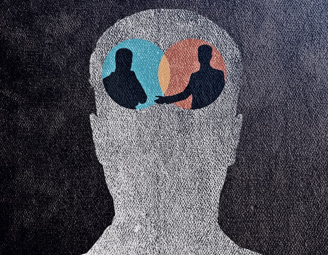 Abstract concrete head with people inside. Teamwork concept