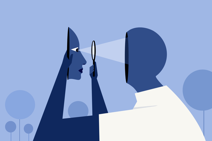 Conceptual illustration of a person holding a section of his face and looking in to his brain through a magnifying glass