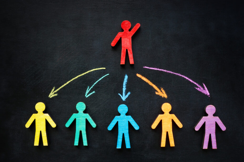 The image shows a stylized illustration of delegation or leadership. At the top center, there is a red, human-shaped figure standing alone, with one arm raised as if directing or signaling. Below it, arranged in a row, are five smaller human-shaped figures in different colors—yellow, green, blue, orange, and purple. Curved arrows in matching colors point from the red figure down toward each of the five figures, indicating that tasks, responsibilities, or guidance are being distributed from the single red figure to the group below.