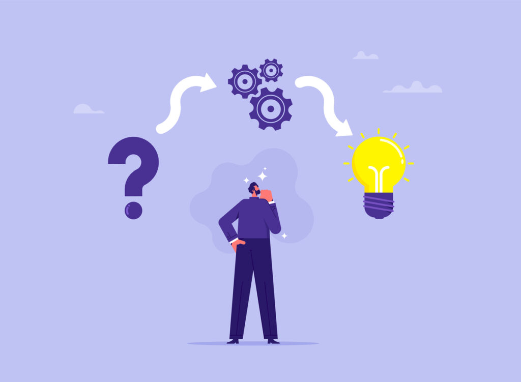 The image is a flat, vector-style illustration with a soft purple background. In the center, a man in a dark purple suit stands in a thoughtful pose, with one hand on his chin and the other on his hip. Above his head are three interlocking gears, symbolizing thinking or problem-solving. Curved white arrows point from a large question mark on the left toward the gears, and from the gears toward a bright yellow light bulb on the right.