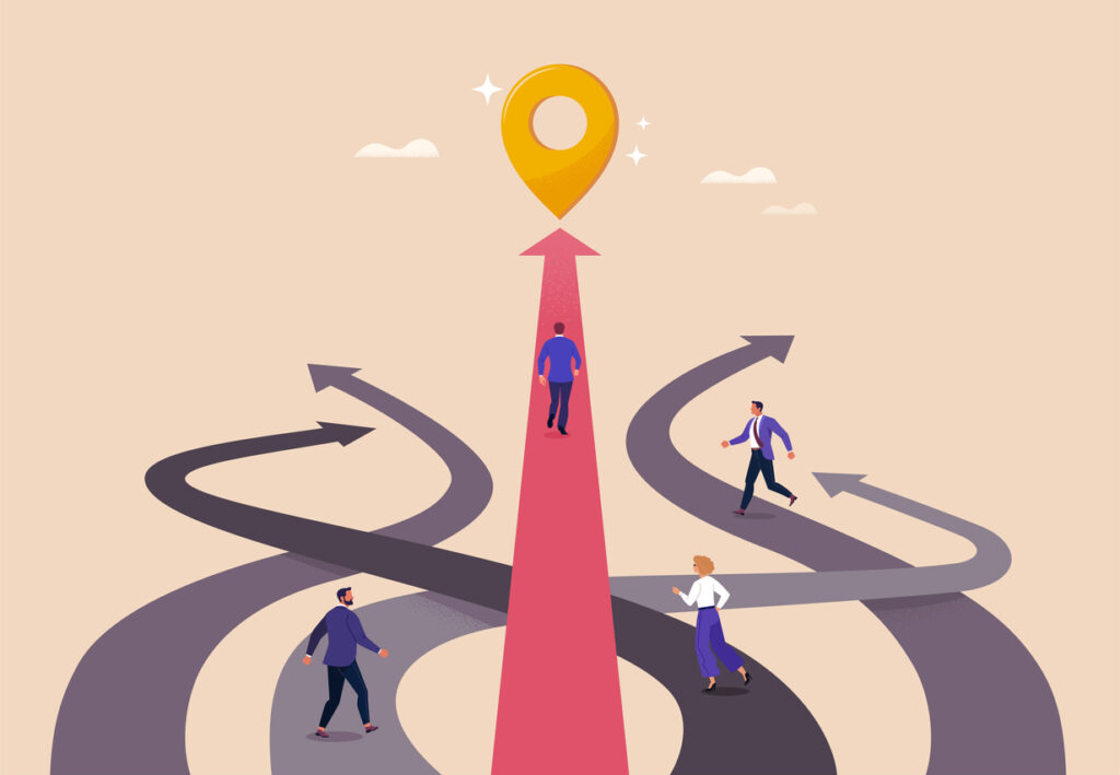 Vector cartoon illustration of many roads leading in different directions, along which people go—one path leading to a goal with a final golden mark.