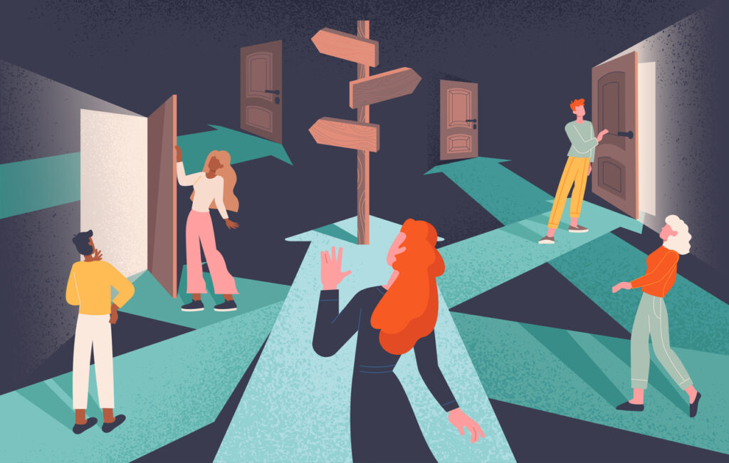 An illustration of several people standing at a crossroads with multiple paths and open doors, symbolizing choices and decision-making.