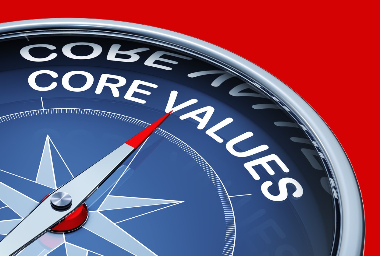 A red background and a blue compass with the arrow pointing to the words "core values"