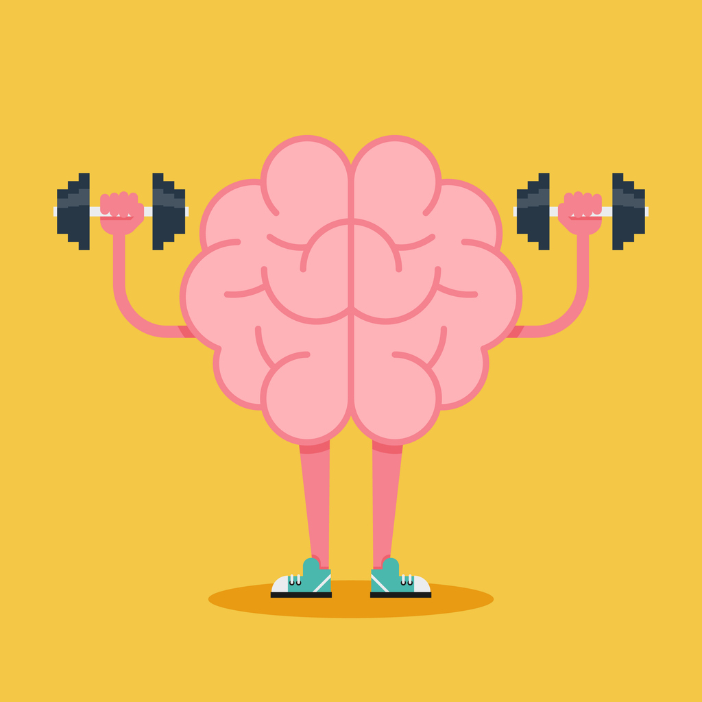A cartoon version of a human brain holding 2 dumbbells