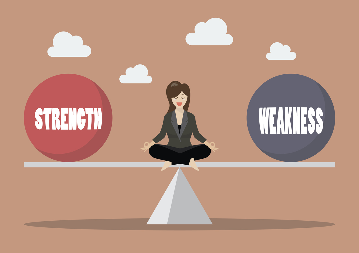 An illustration of a woman meditating on a balanced scale between two large spheres labeled “Strength” and “Weakness,” symbolizing balance, self-awareness, and inner equilibrium.