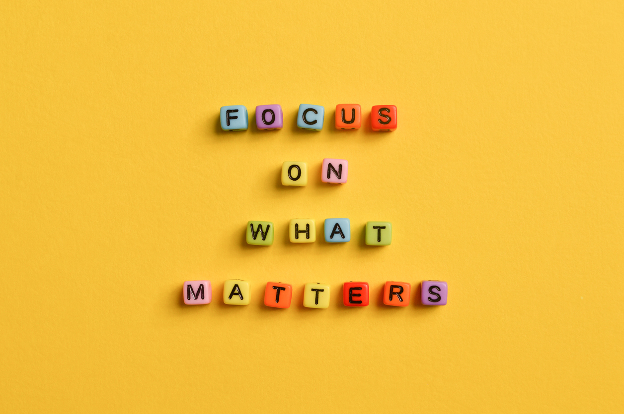 Alphabet letters with text FOCUS ON WHAT MATTERS isolated on yellow background