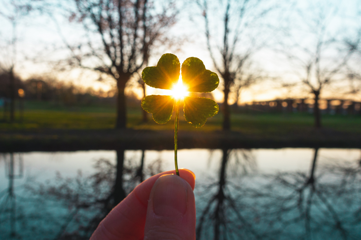 A hand holds a four-leaf clover up to the setting sun, with the sunlight shining through its center against a blurred backdrop of trees and a reflective pond.
