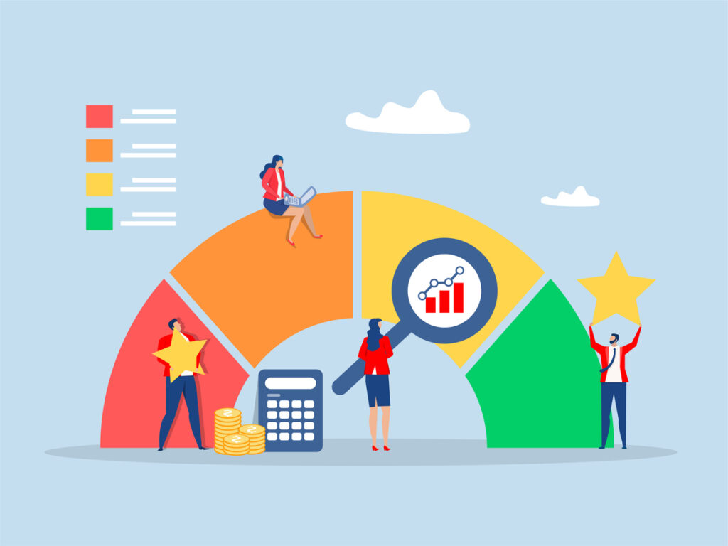 A flat vector illustration of a colorful segmented performance gauge with business professionals, highlighting analytics, finance, productivity, and achievement through icons such as a magnifying glass with a growth chart, calculator, coins, laptop, and gold stars.