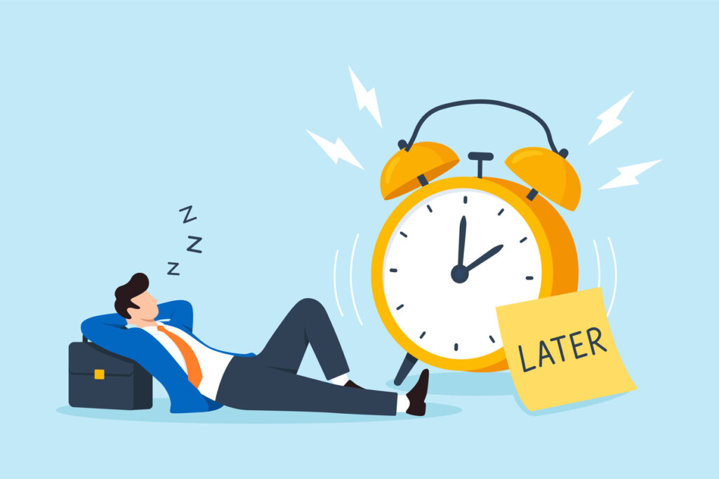 Flat illustration businessman sleeping ringing alarm clock later note procrastination time management missed deadline low productivity work delay