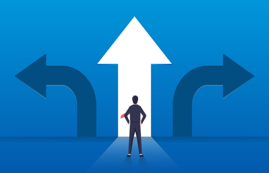 Choice and decision, businessman standing with arrows in three different directions, pathway selection dilemma