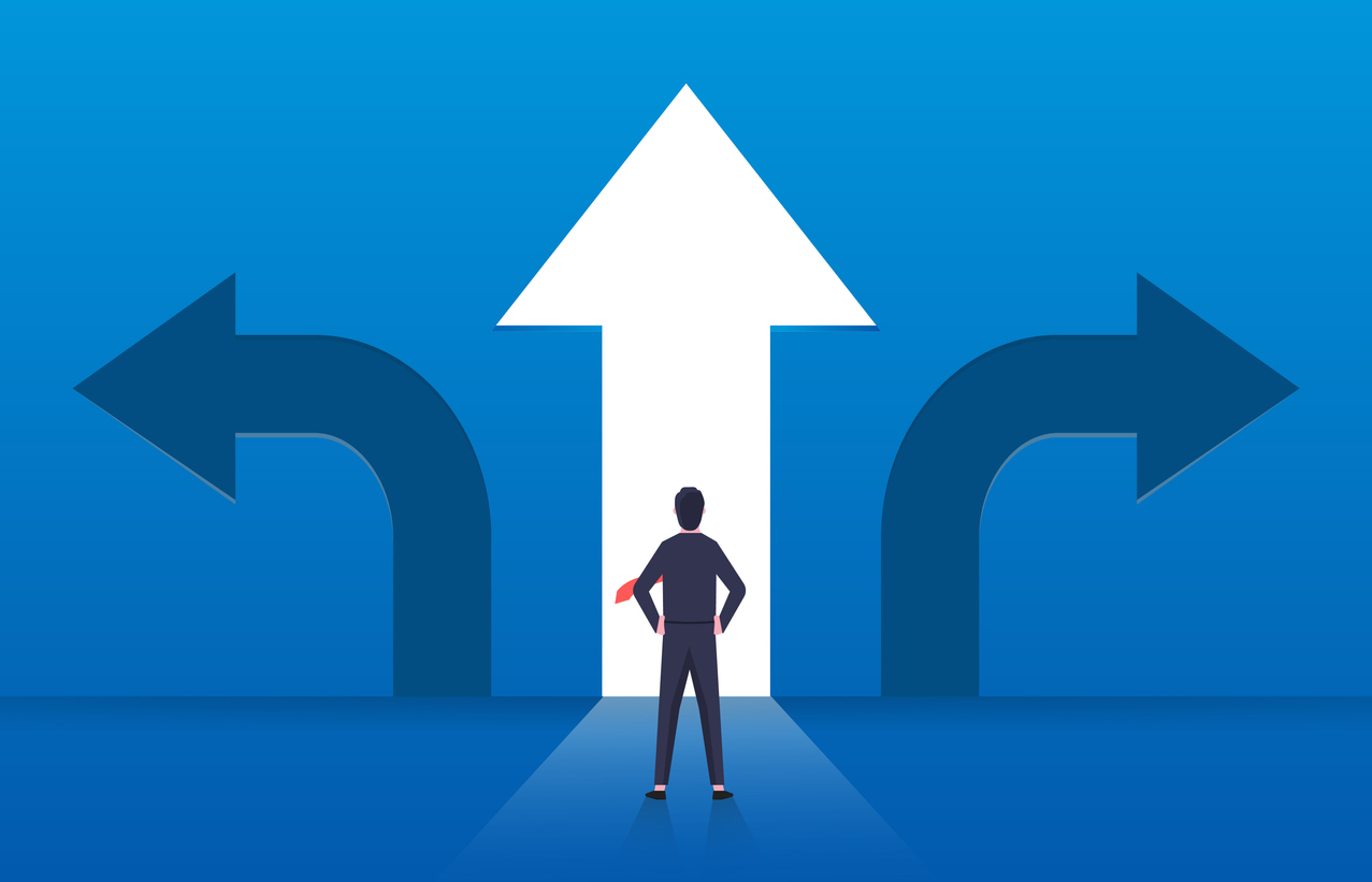 Choice and decision, businessman standing with arrows in three different directions, pathway selection dilemma
