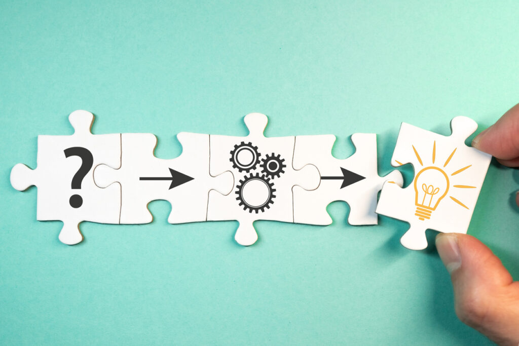 A sequence of puzzle pieces illustrates moving from a problem or question through analysis and process to an innovative solution.