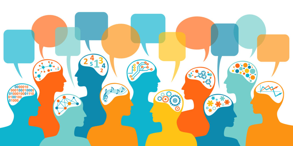 Colorful illustration of diverse human profiles with speech bubbles and symbols representing different forms of thinking, communication, and knowledge.