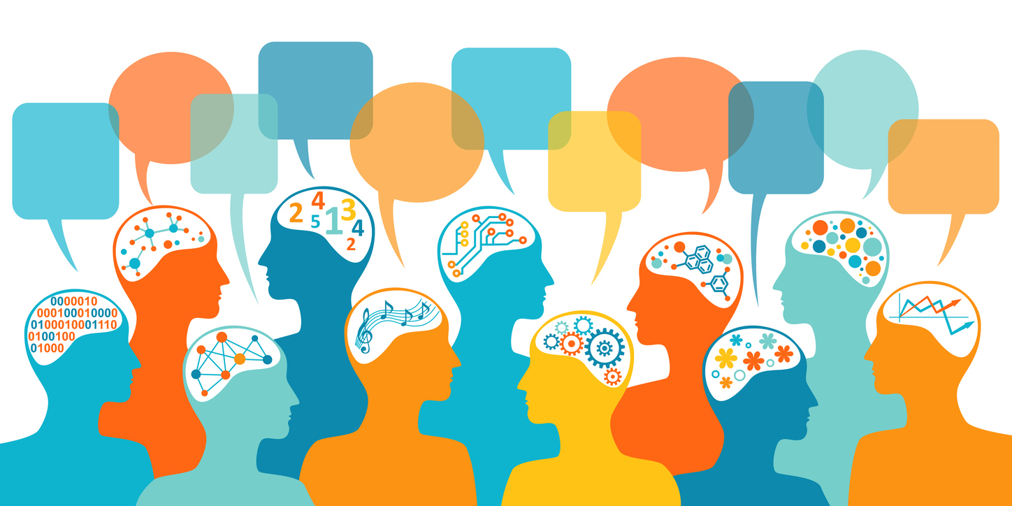 Colorful illustration of diverse human profiles with speech bubbles and symbols representing different forms of thinking, communication, and knowledge.