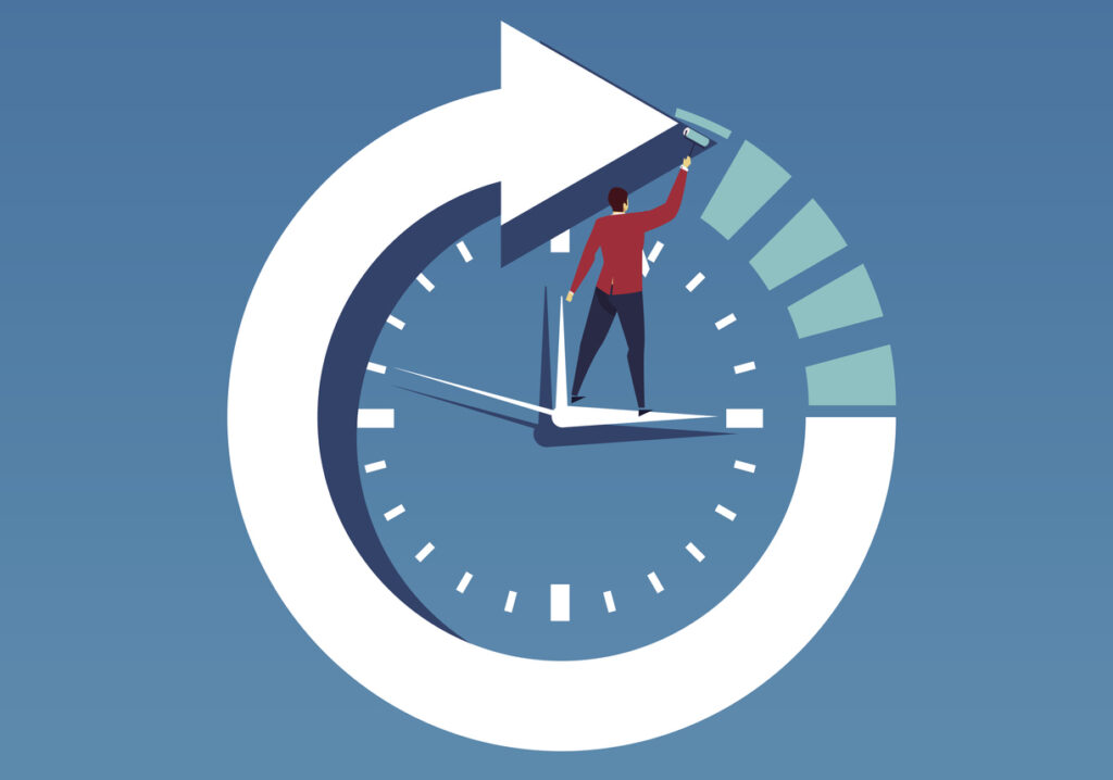 An illustration of a man standing on a clock, with a large circular arrow suggesting time management, change, or gaining an extra hour.