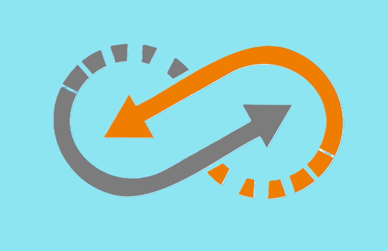 An orange and gray infinity loop with opposing arrows on a bright turquoise background, symbolizing continuous cycles, contrasting perspectives, and interconnected processes.