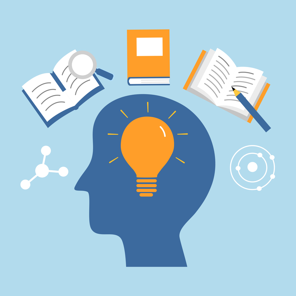 Silhouette of human head with lightbulb inside and books around in flat design. Wisdom and knowledge concept.